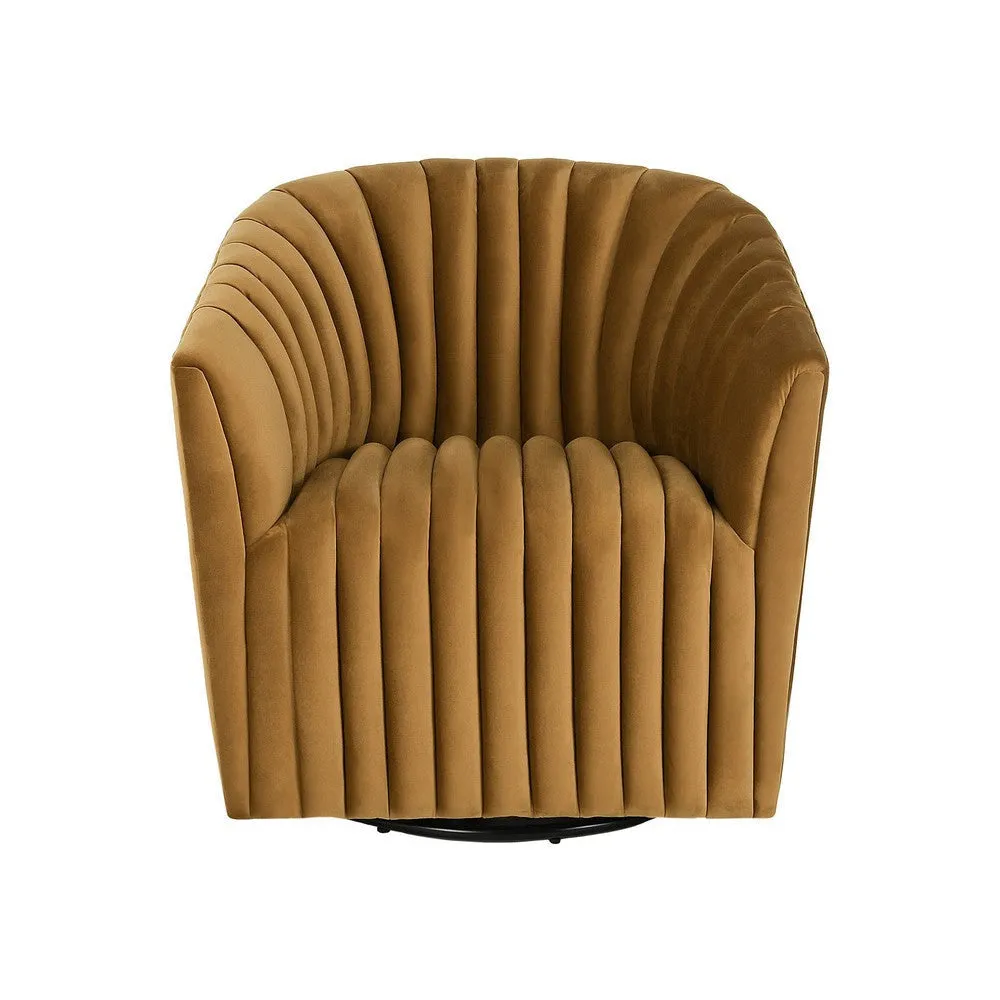 16 Inch Swivel Accent Chair, Barrel Shape, Channel Tufting, Bronze Finish  By Casagear Home